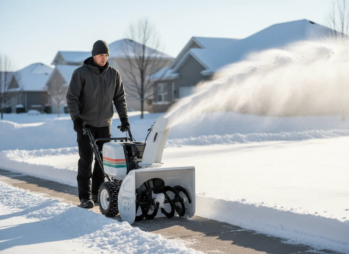 Snow blower clearing a residential sidewalk